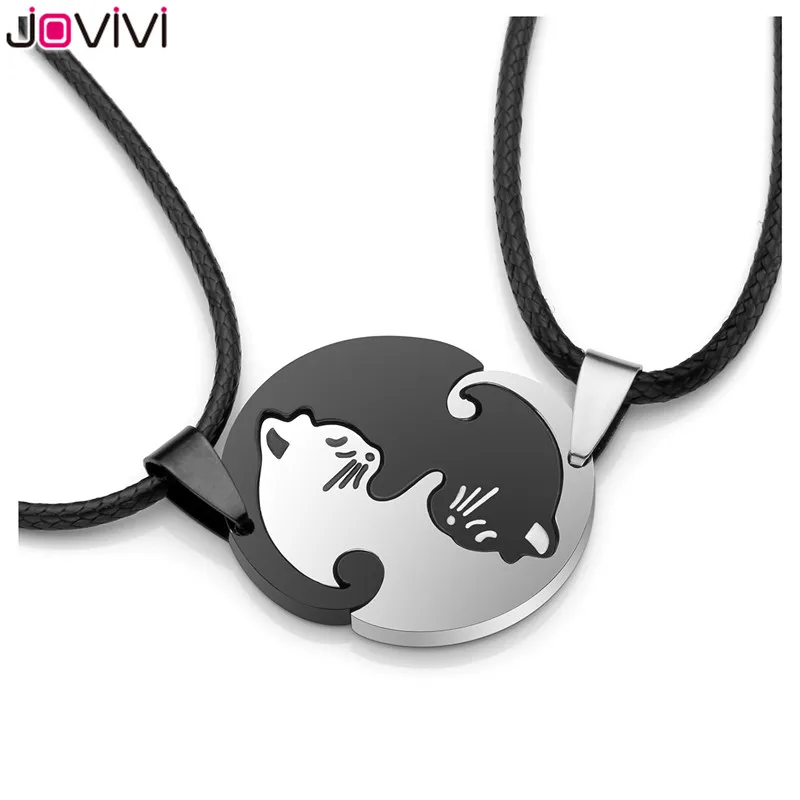 Jovivi нержавеющая сталь его ее черный и белый Инь Ян домашнее животное соответствия милый кот головоломки кулон ожерелье для подарок на день Святого Валентина
