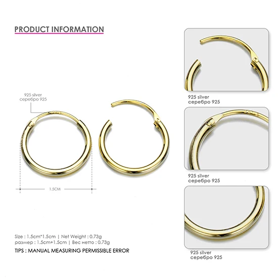 CC Твердые 925 серебряные серьги-кольца для женщин 15 мм-70 мм круглые классические большие офисные серьги простые ювелирные изделия CCE529 - Окраска металла: 15mm Gold