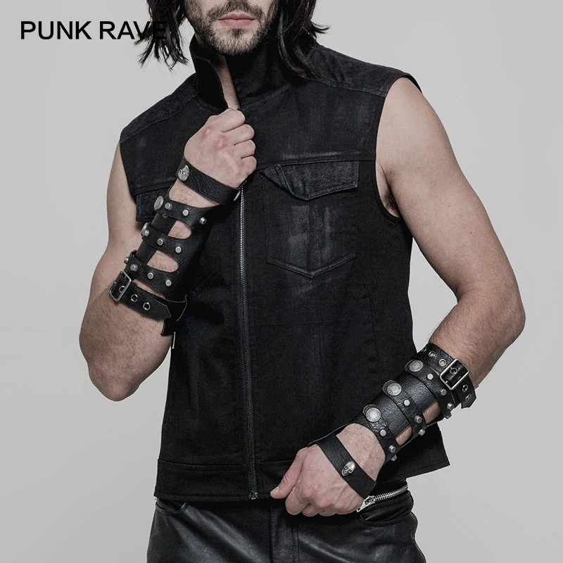 

PUNK RAVE Punk Skull Hollow Loop Adjust Buckle Men Leather Gloves Dieselpunk Fingerless Military Motocycle Arm Sleeve One Pair