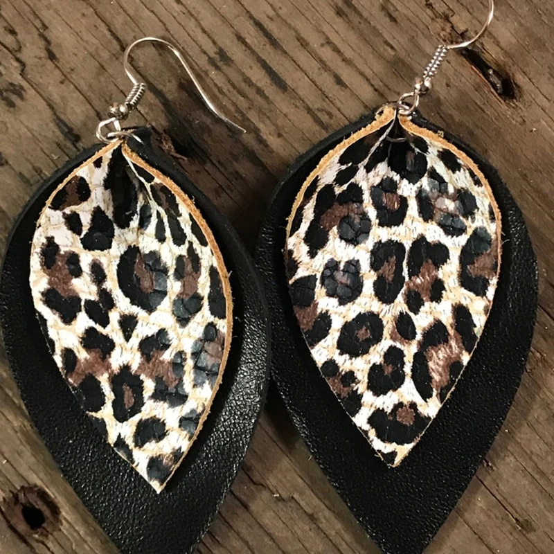 

Double Layer Glitter Gold Leopard Print Leather Teardrop Earrings Animal Print Large Leaf Earrings Valentine's Day Gift