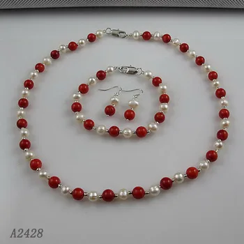 

6-7mm Red Corals Freshwater Cultured Choker Pearl Necklace For Girl Real Pearl Necklace Bracelet Earrings Jewelry Set