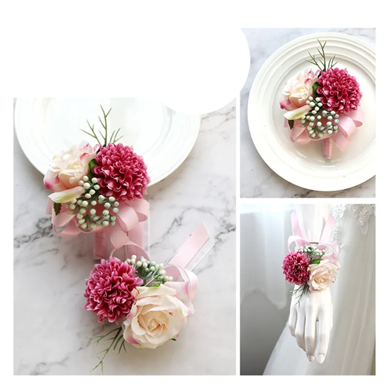 1 комплект наручный цветок+ корсажи бутоньерка роза цветок на руку для подружки невесты Свадебный танец шелковая лента искусственный цветок манжеты браслеты