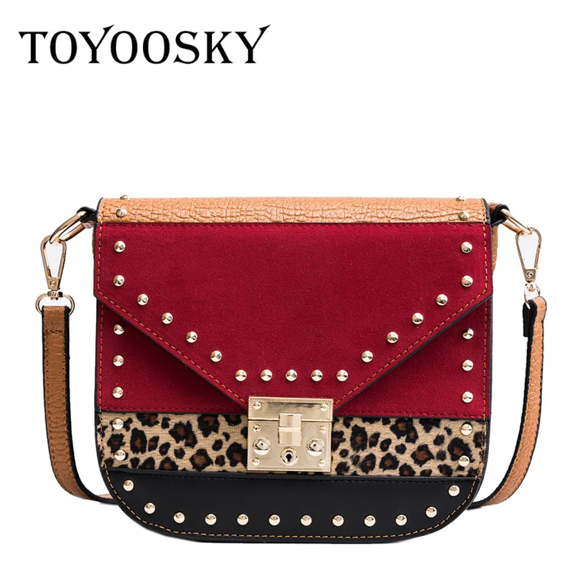 

TOYOOSKY Retro Fashion Women's Messenger Bag 2018 New Quality Matte Leather Panelled Handbag Rivet Leopard Ladies Shoulder Bag