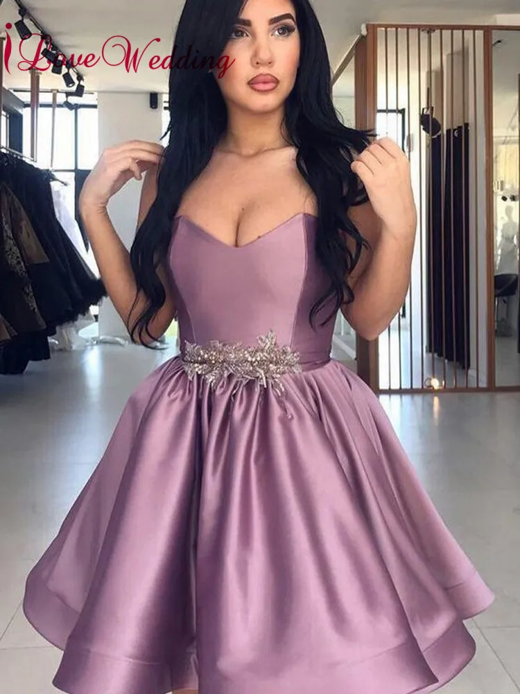 

2019 New Arrival Mini Cocktail Dresses Sweetheart Purple Satin Waist Beaded Custom made Short Party Gown