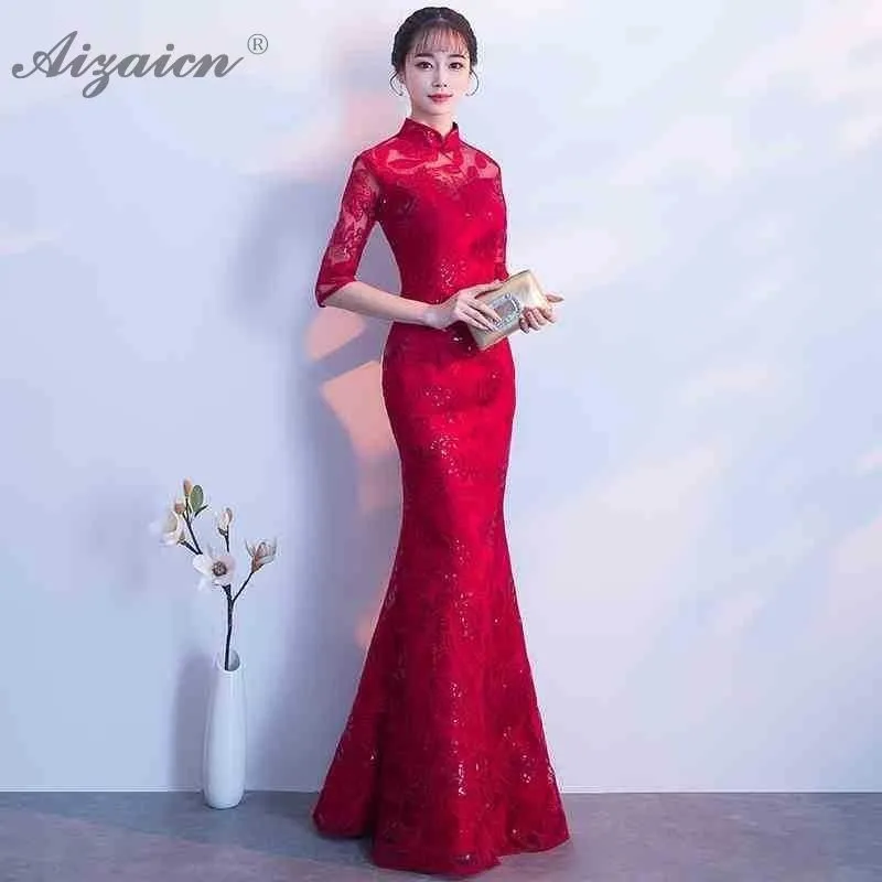 Воротник-мандарин, сексуальное кружевное Чонсам с цветами, красное китайское свадебное платье для невесты, Qipao, Длинное Элегантное платье