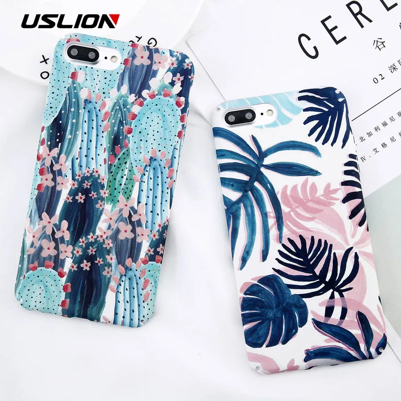

USLION Candy Color Leaf Case For iPhone XR XS MAX X Green Cactus Flower Phone Cases For iPhone 8 7 6 6S Plus Hard PC Full Cover