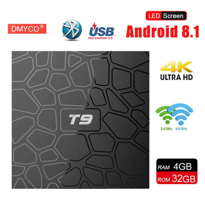 

T9 TV Box Android 9.0 4GB 32GB RK3328 Quad-Core 4K HD Wifi BT4.0 USB3.0 Smart TV Box 4K Google Play Netflix Youtube Media Player