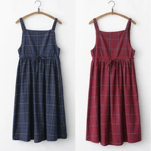 Vintage autumn new collection plaid non sleeve dress mori girl fresh square collar all match spaghetti strap women dress