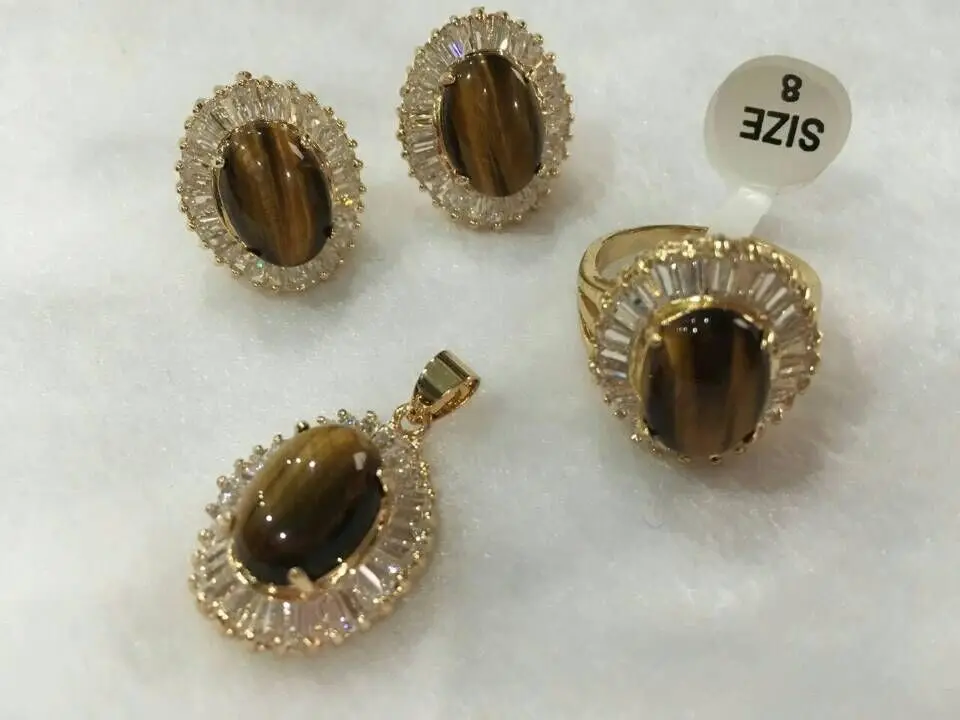 

nicest noble 10*14mm red tiger eye stone earrings ring(#7-9) & pendant with chain jewerly sets 5.31