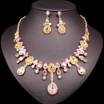 

Fashion AAA Austrian Crystal Necklace Earrings Sets Dubai Gold Color Bridal Wedding Party Costume Jewelry Sets Gifts for Women