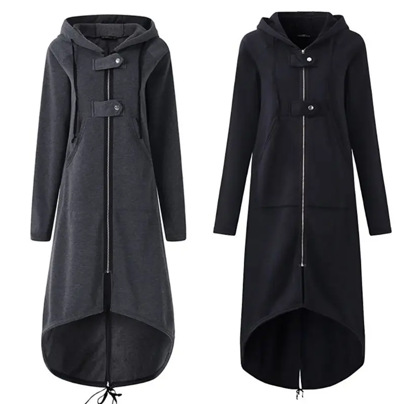 

Womens Long Sleeve Zipper Front Coat Hooded Drawstring Sweatshirt Jacket Irregular Hem Slit Back Plus Size Outwear Solid Color W