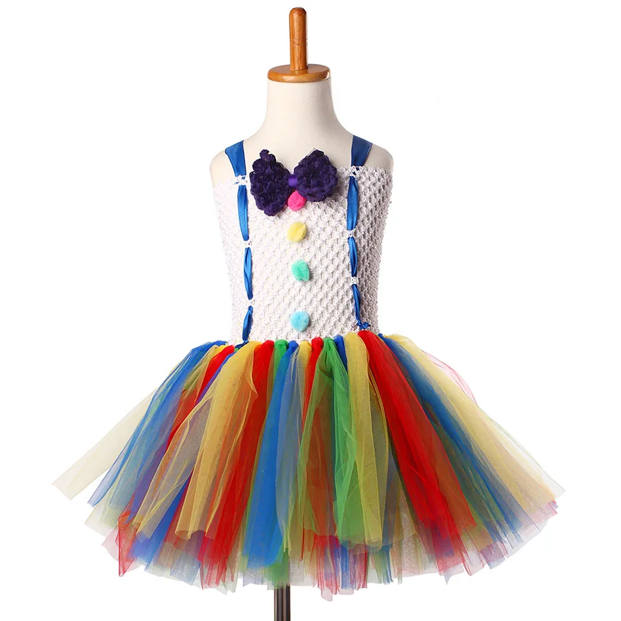 Girls Circus Fancy Clown Tutu Dress with Bow Children Handmade Rainbow Tulle (12)