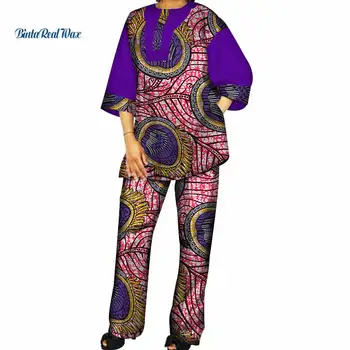 

New African Print Patchwork Draped Top and Pants for Women Bazin Riche 100% Cotton 2 Pieces Pants Sets Women Clothes WY278