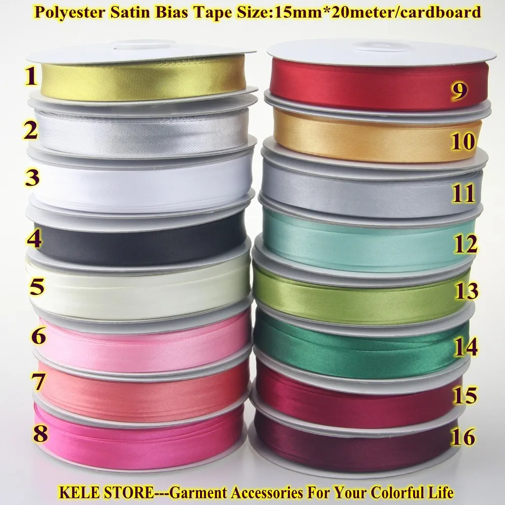 

Free shipping-Polyester Satin Bias binding Tape size:15mm ,width: 5/8" 20meter/card in various colors 1.5cm bias tape in shine