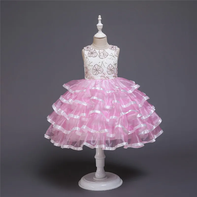 

2019 Kids Party Dresses For Girls Solid Corlor Elegant Wedding Evening Cake Ball Gown Princess Birthday Children Dresses 3- 10T