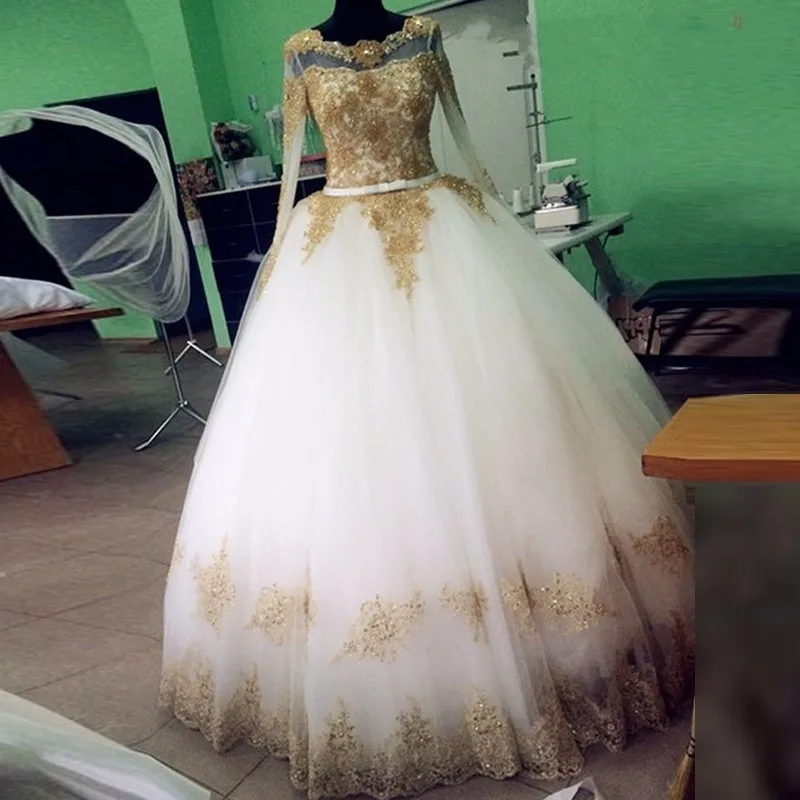 Vestidos de novia, пышная ярусная бальная одежда с длинным рукавом, свадебные платья, белое и Золотое роскошное кружевное свадебное платье с аппликацией