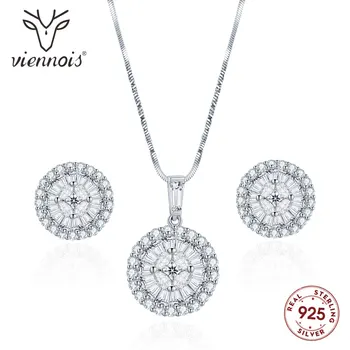 

Viennois 925 Silver Round Pendent Necklace Set For Women Rhinestone Stud Earrings Necklace Set Party Jewelry Set 2019