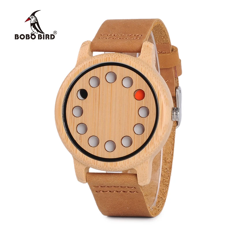 BOBO BIRD 12 Holes Design Bamboo Wooden Watch Mens Quartz Analog Watches erkek kol saati with Leather Band as Gift