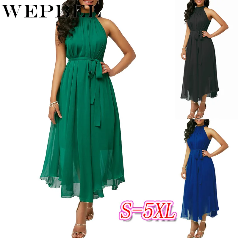 

WEPBEL Women Plus Size Dress Halter Neck Sleeveless Summer Ruffles Sexy Loose Casual Fashion S-5XL Lady Long Dresses