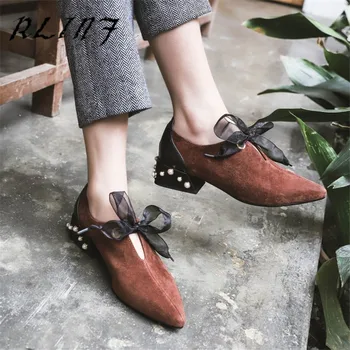 

RLINF Full Leather Art 2018 New Brogue Shoes Small Shoes Pearls with Single Shoes Women boots