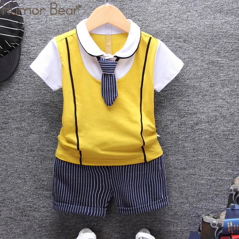 Humor Bear/летние хлопковые комплекты одежды для маленьких мальчиков праздничный костюм для дня рождения Футболка+ штаны, комплекты детской одежды - Цвет: Цвет: желтый