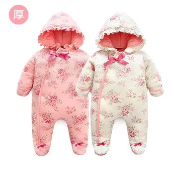 

Lace Newborn Baby Girl Clothes Cotton Winter Thicken Coveralls Rompers Princess Bow Girls Clothing Set Jumpsuit + Hats