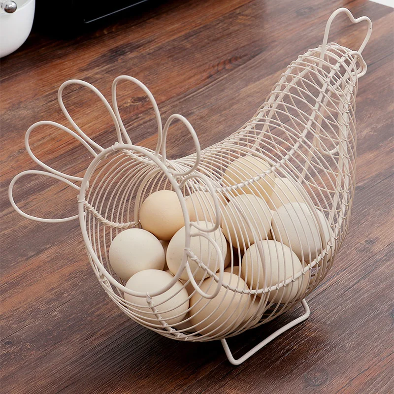 Chicken Design Egg Basket White Metal Wire Quail Egg Storage Container Vintage Farmhouse Kitchen Food Fruit Storage Basket