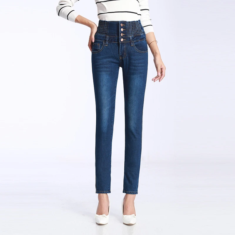 Women Black Blue Jeans Spring Elastic High Waist Skinny Stretch Denim