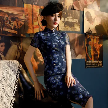 

2019 New Fashion Knee Length Cheongsam Chinese style Mandarin Collar Dress Womens Summer Qipao Slim Party Dresses Vestido S-XXL