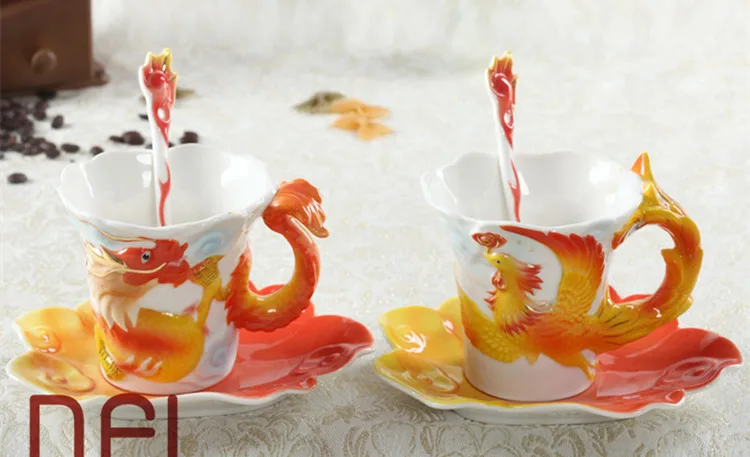 Эмалированные кофейные кружки с драконом и Фениксом, чашки и кружки с блюдцем, ложка, креативная посуда для дома и офиса