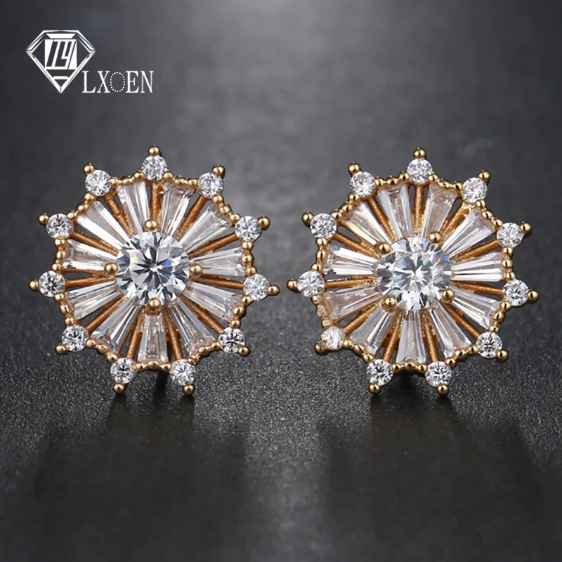 

LXOEN Bohemia Gold Color Round Small Earrings Luxury Zircon Wedding Earrings With Blue Crystal Stud Earings Women Jewelry Gift