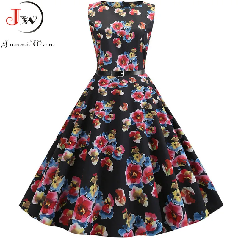 

Plus Size Elegant Floral Print Vintage Dress Women 2019 Summer Casual Midi Party Dresses Retro Robe Femme Rockabilly Sundress