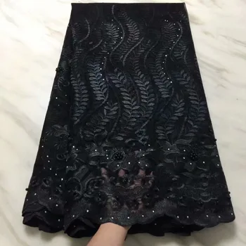 

2019 Latest Black French Nigerian Lace Fabric High Quality Beads Tulle African Lace Fabric Wedding African French Tulle Lace