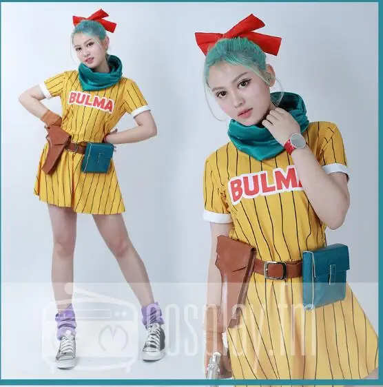 

Dragon Ball Z Bulma Cosplay Costume Yellow Dress with Scarf and Belt
