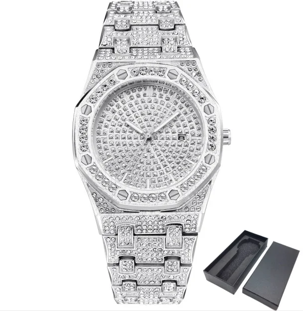 Шикарные бриллиантовые часы для мужчин Iced Out роскошные мужские s кварцевые часы мужские наручные часы серебро Нержавеющая сталь Relogio Masculino - Цвет: silver-box