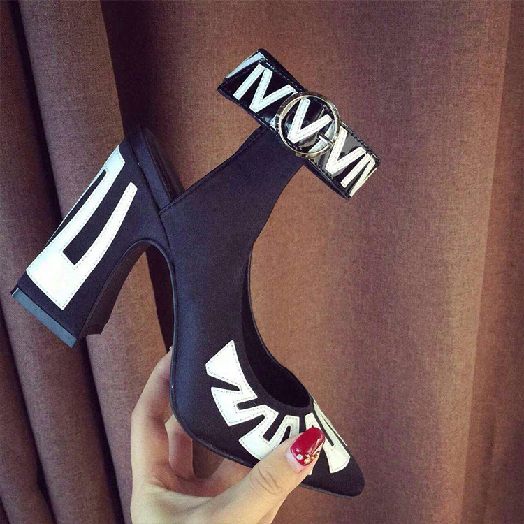 

Buckle Strap Women Black Pumps Shoes White Letters Striped Slingback Ladies High Heels Street Style Fashion Gladiator Heel Shoes