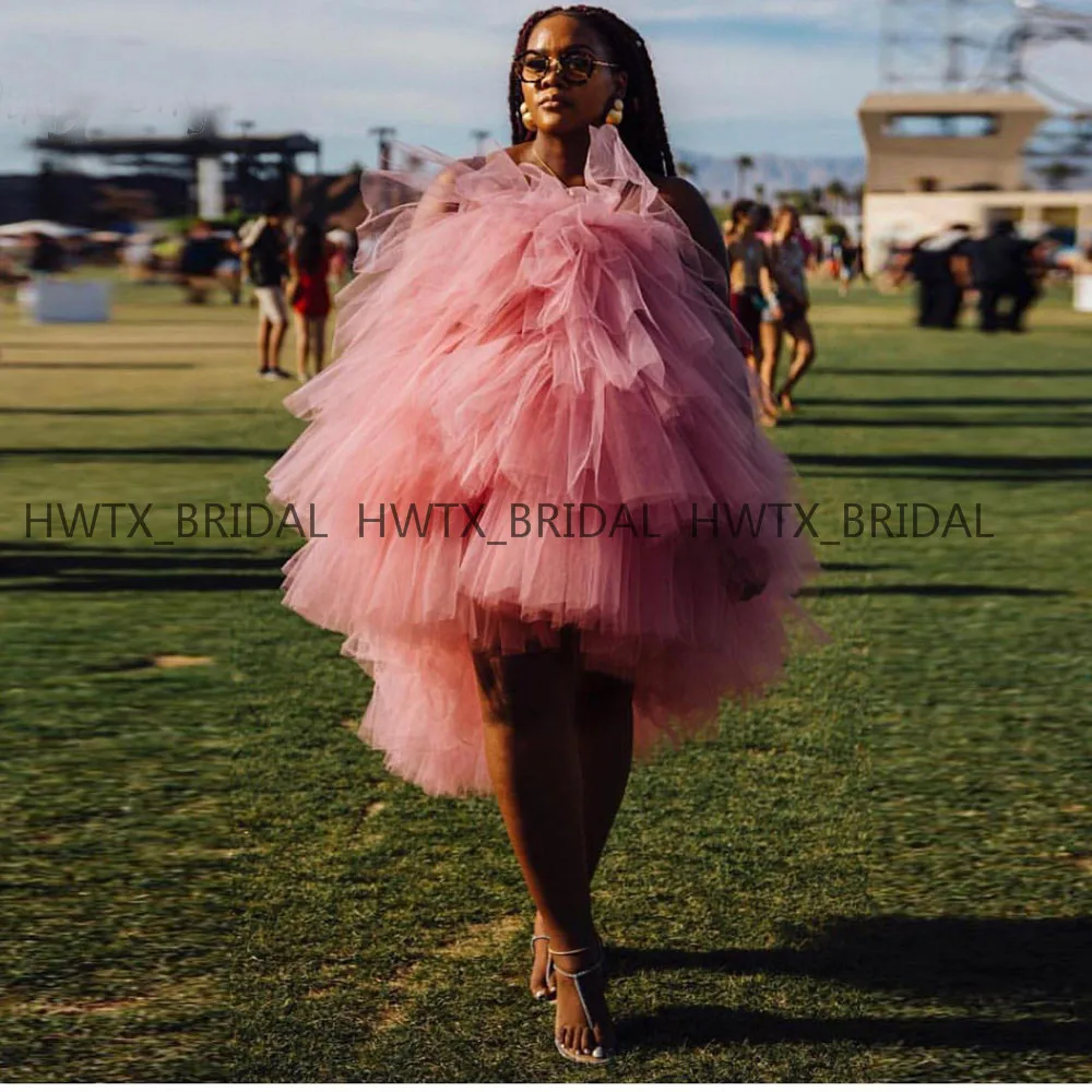 Cute Pink Tiered Skirts Prom Dresses 2019 Strapless Tulle Short African