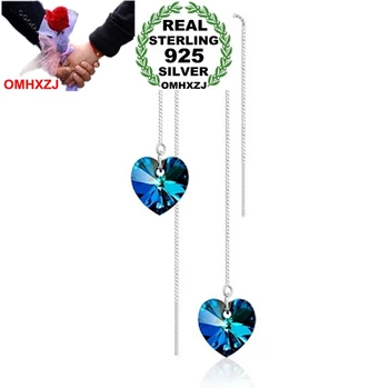 

OMHXZJ Wholesale Fashion jewelry love ocean heart Blue Austrian crystal 925 Sterling Silver Earrings Long tassels Ear wire YS75