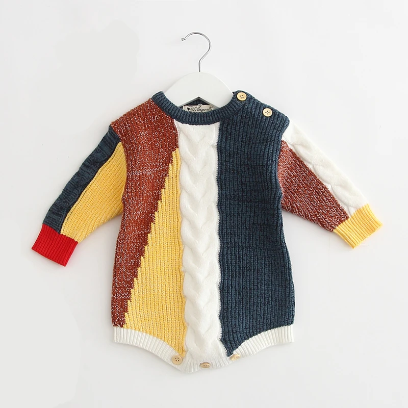 

In 2019 Baby Knitted Bodysuit Autumn Infant Boys Girls Clothes Stitching Sweaters Kids Long Sleeves Crawling Jumpsuit Butterwear