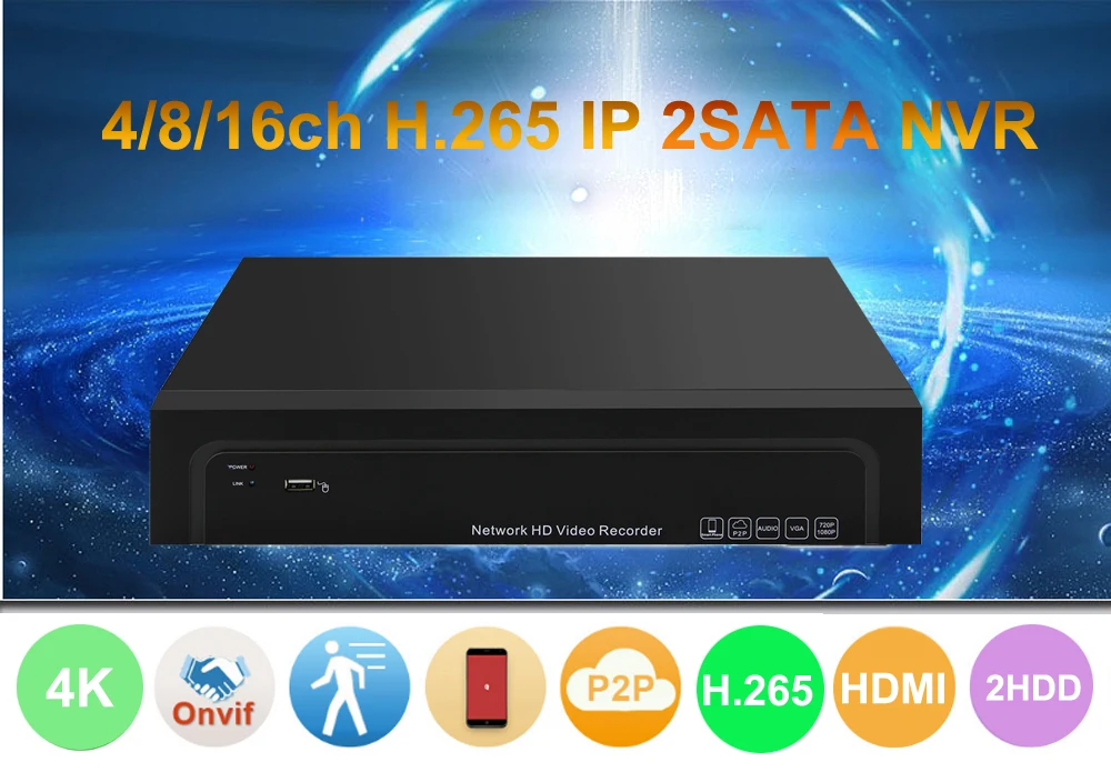 4 К/5MP/4MP/3MP/2MP Onvif HD цифровой 4CH 8CH 16CH H.265 CCTV NVR безопасности HDMI Выход, Сетевое Видео Регистраторы 2 SATA Порты и разъёмы Onvif P2P