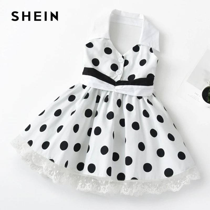 SHEIN Kids/винтажное платье-рубашка белого цвета с контрастным кружевом и узором в горошек для девочек; коллекция года; милое летнее расклешенное короткое платье без рукавов с высокой талией