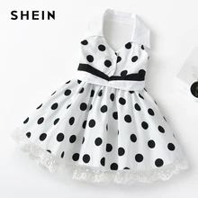 SHEIN Kids/винтажное платье-рубашка белого цвета с контрастным кружевом и узором в горошек для девочек; коллекция года; милое летнее расклешенное короткое платье без рукавов с высокой талией
