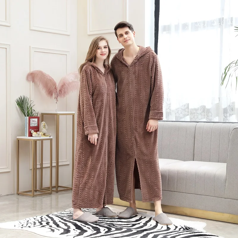 Men's Bathrobe with Hooded Flannel Winter Warm Long Robes Couples Fleece Zipper Kimono Male Bath Robe 2019 New Lounge wear