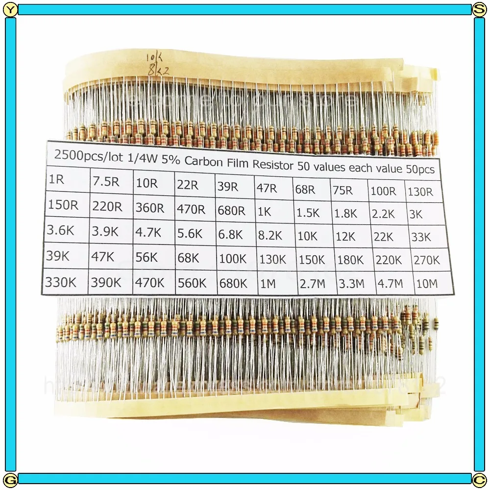 2500 шт./лот 1/4 Вт 0,25 5% угольный осажденный Резистор Комплект 50 значений в ассортименте упаковка микс выбранной категорией(1R-10M