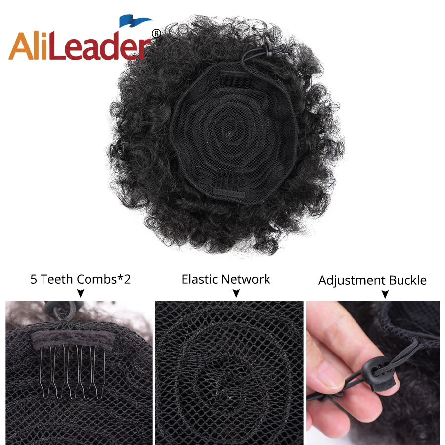 AliLeader Natural Clip In Afro Hair Bun Jet Black Purple Blue Synthetic Kinky Curly Puff Ponytail Drawstring Extension For Women