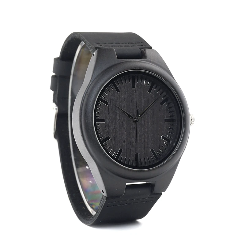 BOBO BIRD WD26 Mens Design Brand Luxury Black Wooden Watches Real Leather Quartz Watch for Men Natural Ebony Wood Drop Shipping