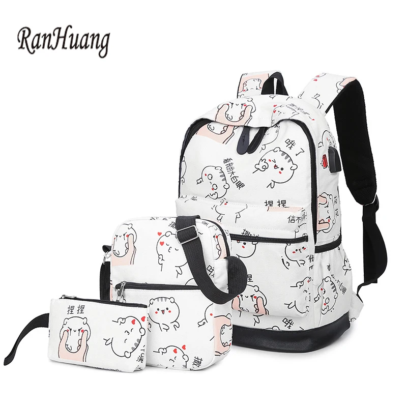 RanHuang Женский Повседневный холщовый рюкзак с принтом кота школьные сумки для