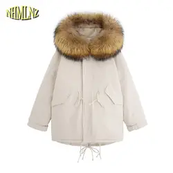 2018 зимние высококачественные с капюшоном меховой воротник Для женщин пальто Модные средней длины Чистый цвет большой размер Для женщин