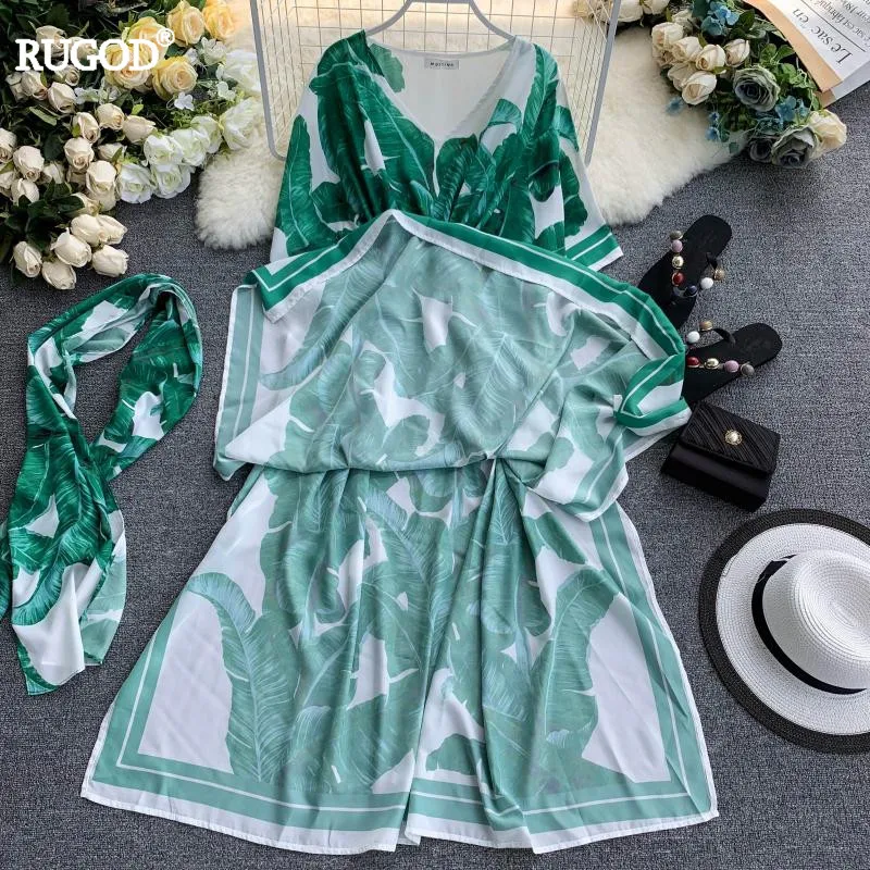 RUGOD новые пляжные платья женские модные летние миди-платья с высокой талией праздничные зеленые платья с принтом Boho vestidos mujer