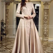 Арабское, с длинными рукавами мусульманское вечернее платье с длинным шлейфом для девочек; платье кремового цвета, накидка, Восточный халат Дубай вечерние платья для выпускного вечера элегантный